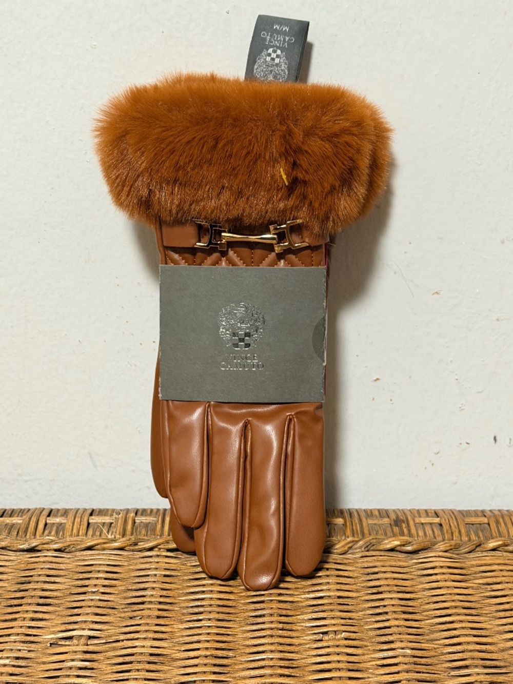 Vince Camuto Brown Faux Fur Trim Quilted Fashion Gloves